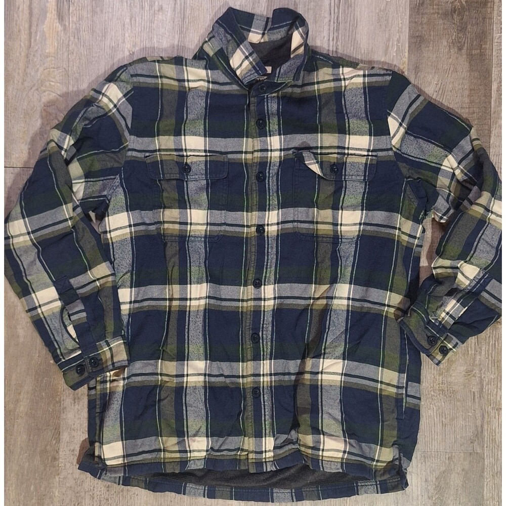 LL Bean Mens Large Fleece Lined Flannel Shirt Jacket Shacket Blue Plaid Pockets